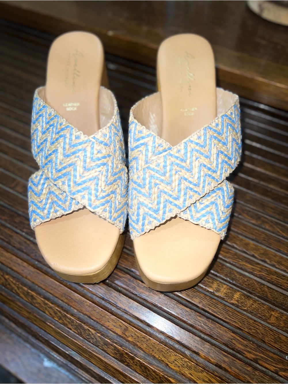 Woven Chevron Slide Mules in Light Blue & Tan - Women